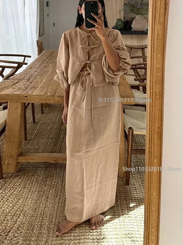 Summer Linen Lace-up Maxi Skirt Sets Women Causal O-neck Long Lantern Sleeve Skirts Suits 2024 New Female Holiday Beach Outfits