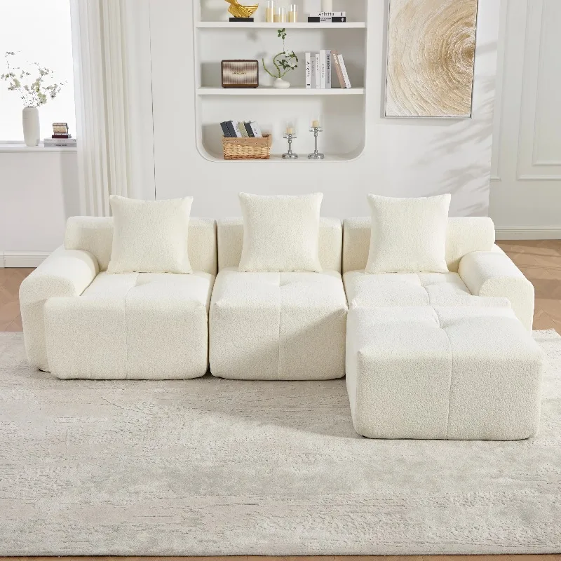 Canapé modulaire en forme de L moderne avec ottoman, canapé 3 places en velours côtelé beige avec mousse à mémoire de forme, aucun assemblage requis