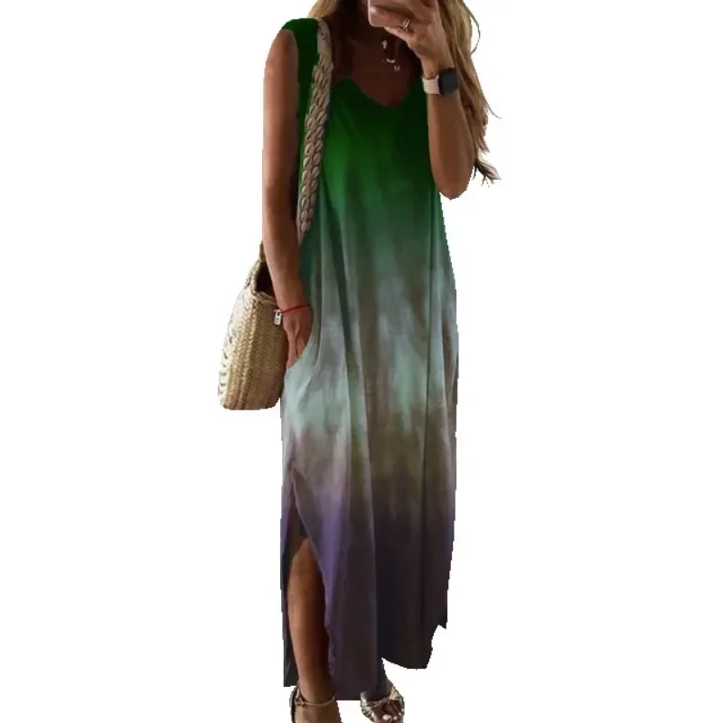 Summer Women\'s  Fashionable Women\'s Gradient Tie Dyed Printed Split Long Dress Casual V-neck Sleeveless Loose Long Dress