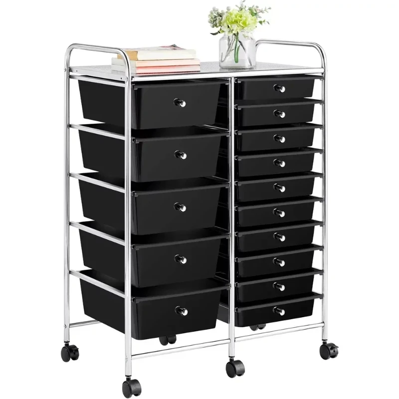 15 Drawers Metal Frame Storage Cart, with Lockable Wheels,  Organizer Drawer, Multiple Color Options