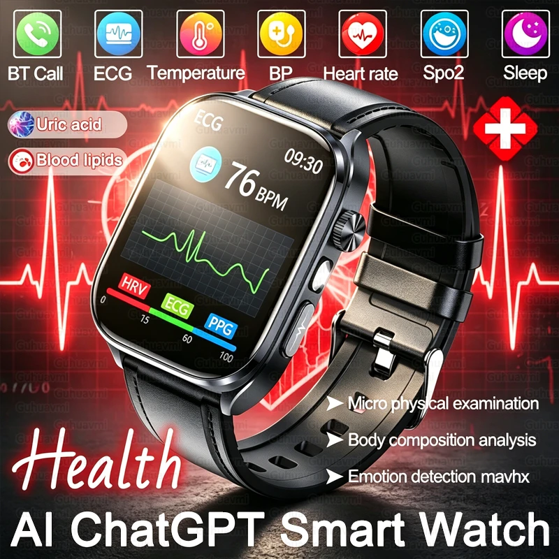 

2026 ECG Health Smart Watch For Men Blood Pressure Heart Rate Uric Acid Blood Lipid Body Temp Sleep Monitor AMOLED Fitness Watch