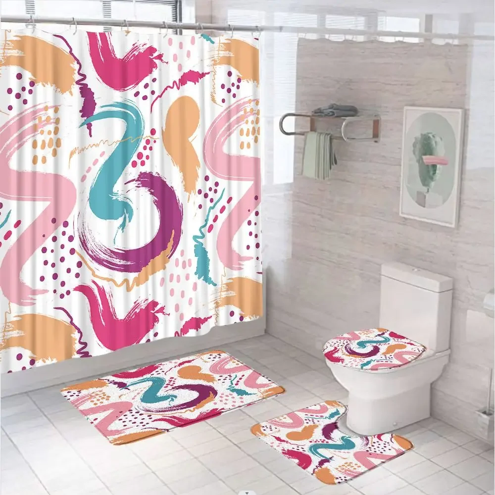 Abstract Ink Painting Shower Curtain Set Colorful Graffiti Bathroom Curtains With 12 Hook Non-Slip Bath Mat Rug Lid Toilet Cover