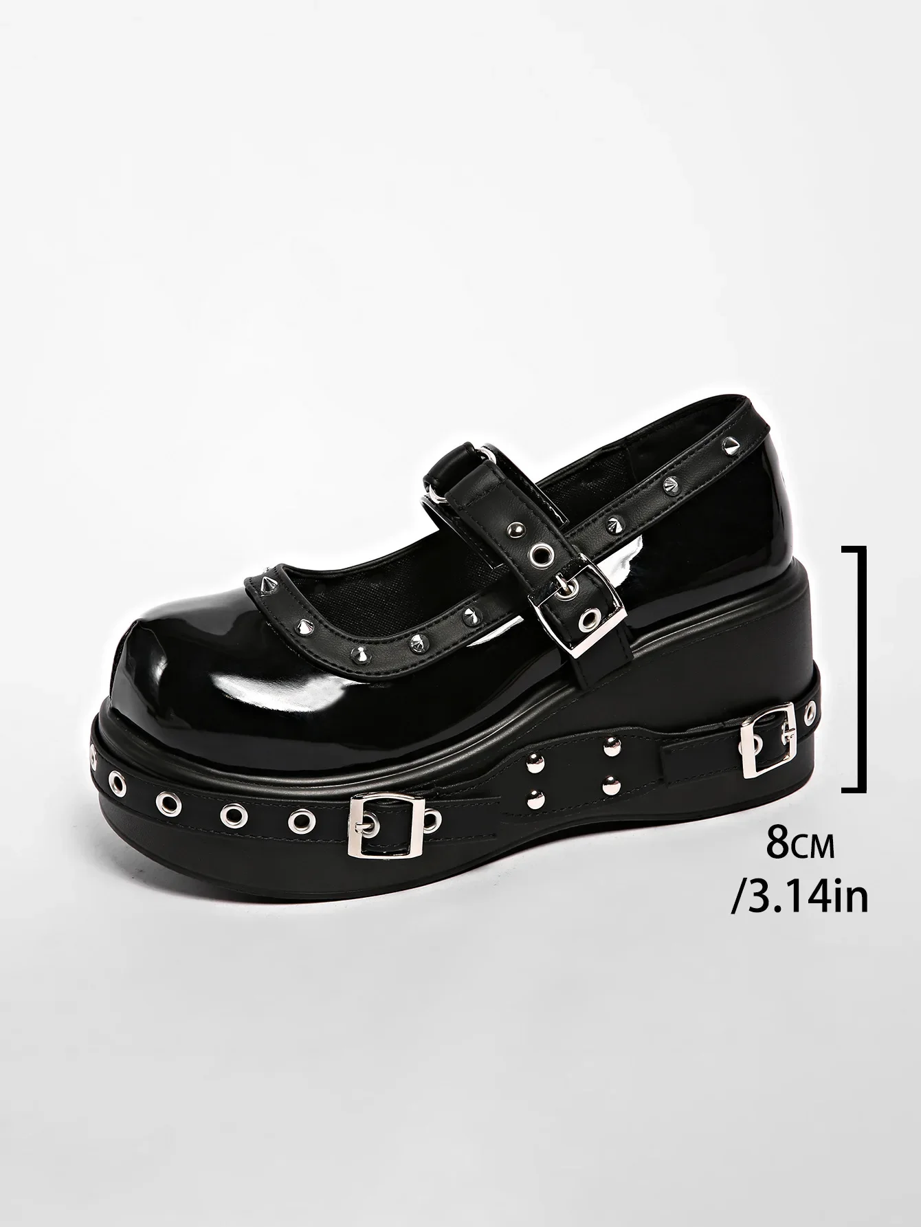 Damen Plus Size 35-42 Mary Jane Schuhe, Plateau T-Strap Pumps, Nietenbesetzte Schwarze Leder-Freizeitschuhe, Cosplayer Punk-Stil Schuhe – Detail 16