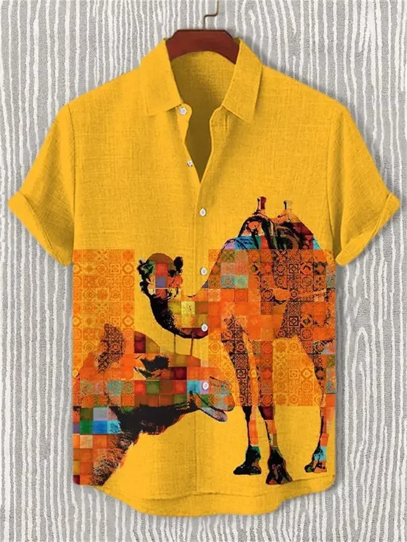 

New men's linen Hawaiian shirt casual short sleeved animal pattern top fashionable retro 3D printed shirt