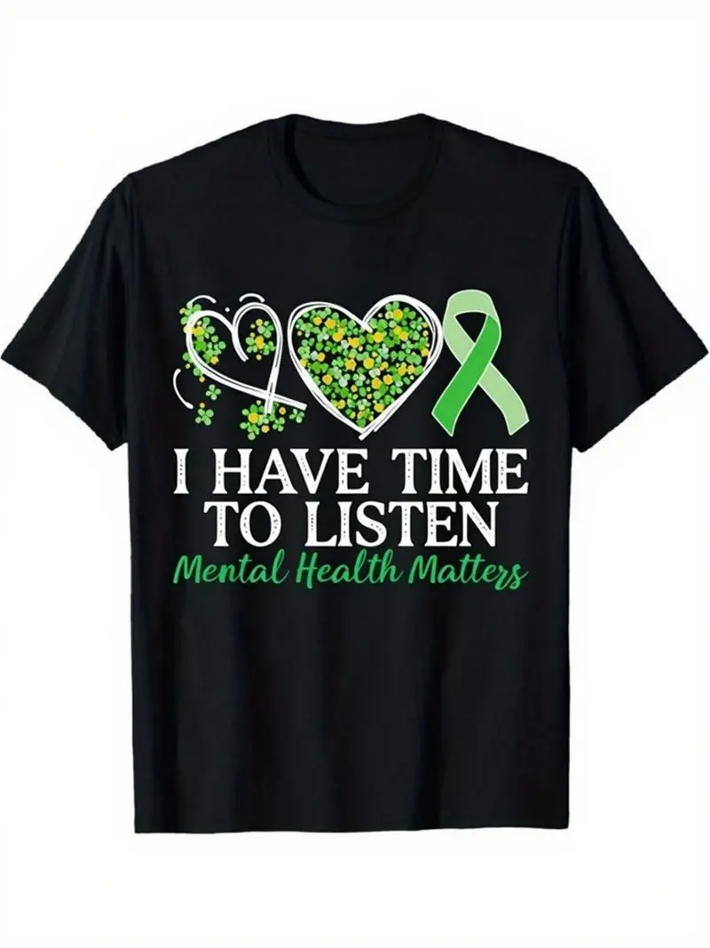 Mental Health Awareness T-Shirt Black Featuring Heart Designs With Clover And Stethoscope Patterns I Have Time To Listen Print