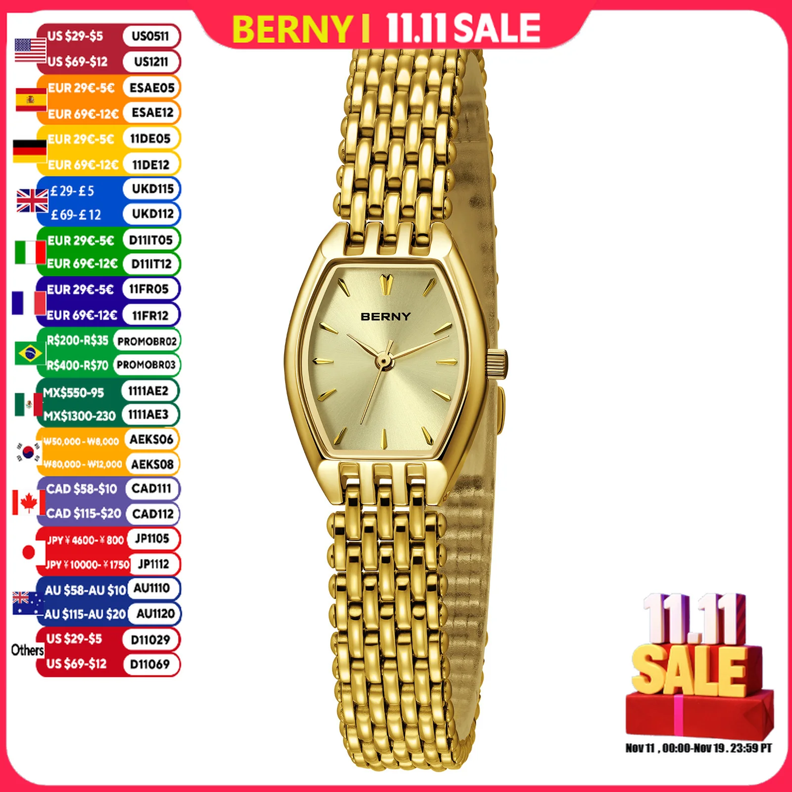 

BERNY Gold Watches for Women Luxury Elegant Ladies Ultra-thin Quartz Watch Golden Stainless Steel Fashion Dress Wristwatch
