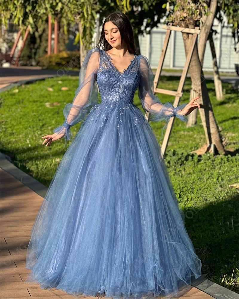 OIMG Dusty Blue Tulle فساتين سهره فاخره2024 Shiny Lace A-line Floor Lenght Prom Dresses Elegant Long V Neck Vestidos De Noche