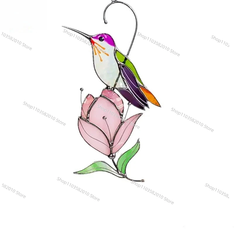 Stained Glass Sun Catcher: Pink Flower & Bird Window Pendant - Handmade Artisan Decor