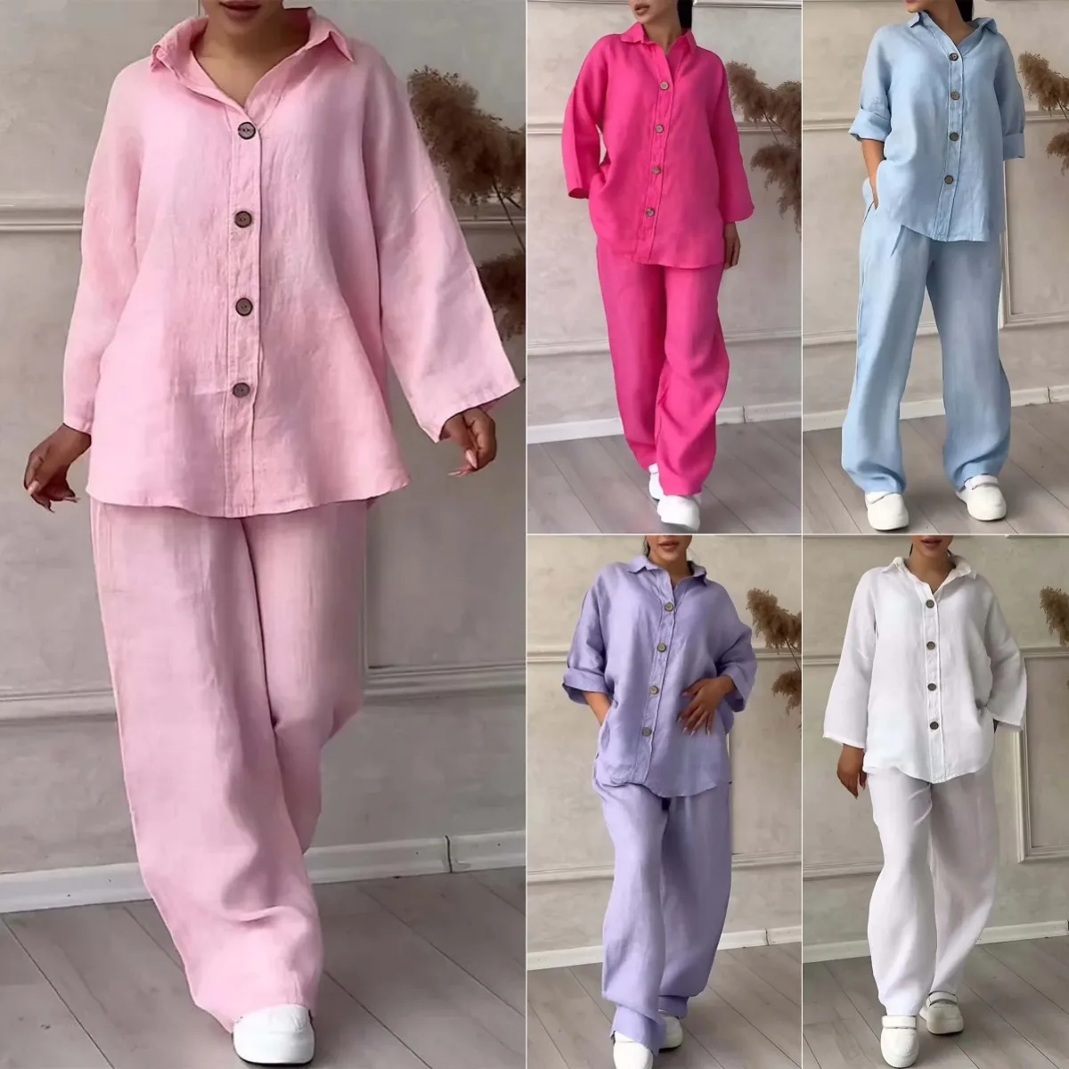 

Summer New Womens 2-piece Set Large Size Cotton and Linen Shirt Set High Waist Loose Trousers