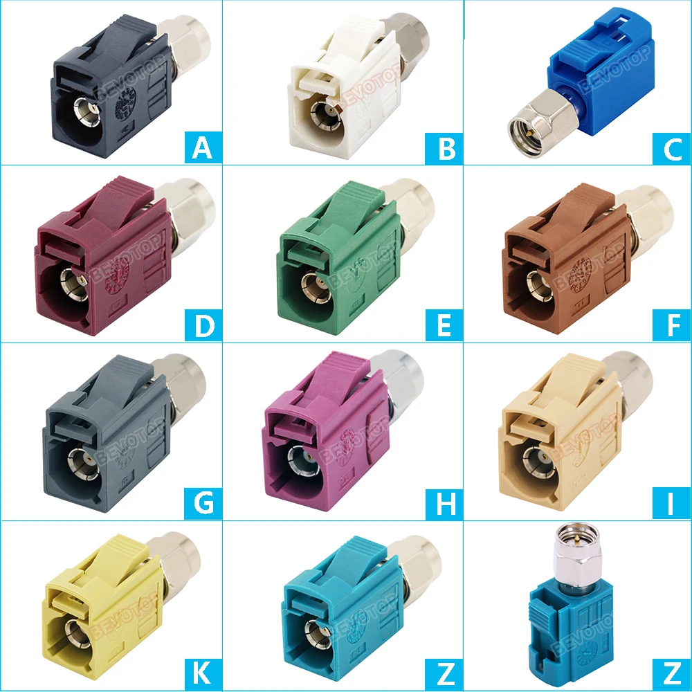 10Pcs/lot New Fakra Code A/B/C/D/E/F/G/H/I/K/Z Female Jack to SMA Male Plug Straight Adapter 50 Ohm RF Coaxial Connector BEVOTOP