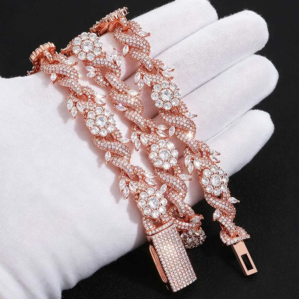 

ESKEEM Thick Rose Gold Iced Out Necklace with Eight-Character Thorn Cross Cuban Chain for Men Cubic Zirconia Hip Hop Accessories
