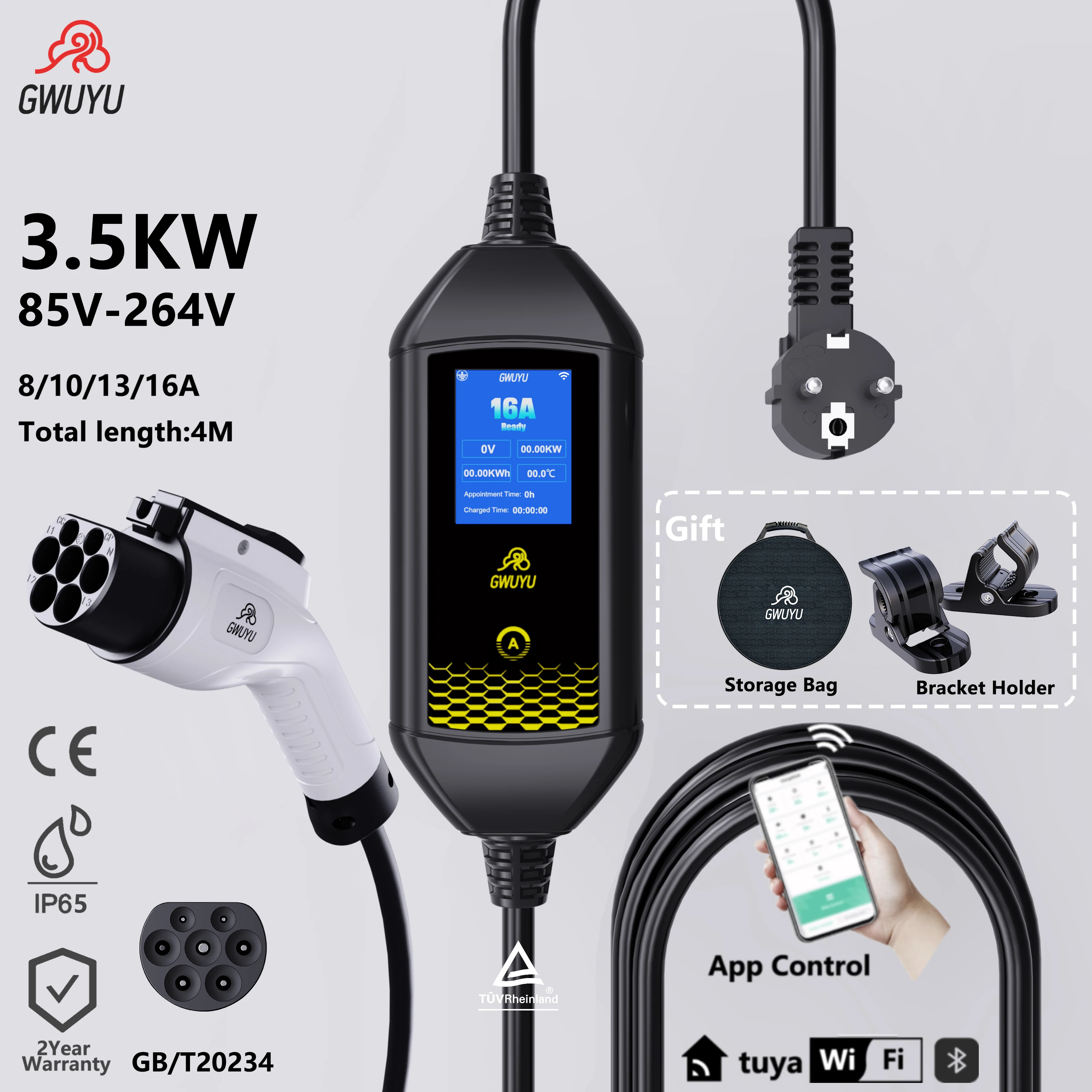 

GWUYU With app electric charger 3.5- kW |GB/T20234.3 | 8A-16A IP65 waterproof | home/electric car Charging safety protection
