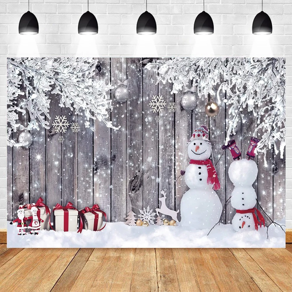 Wooden Board Christmas Backdrop Photography Xmas Rustic Wood Wall Snow Glitter Tree Balls Family Party Photo Background Props