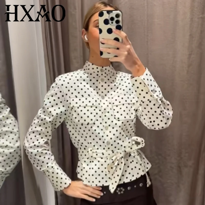 

HXAO 2026 Women's Cropped Polka Dot Jacket Elegant Belt Button Outerwears Big Pockets Long Sleeve Top New Arrival Shirt Jackets