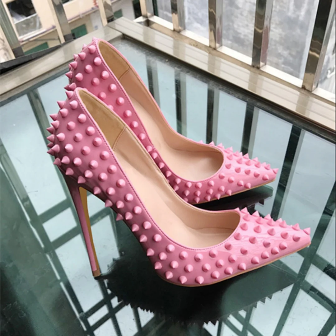 

Solid Color Patent Leather Single Shoes Female 8cm 10cm 12cm Thin Super High Heels Fashion Designer Full Of Rivets Women's Pumps