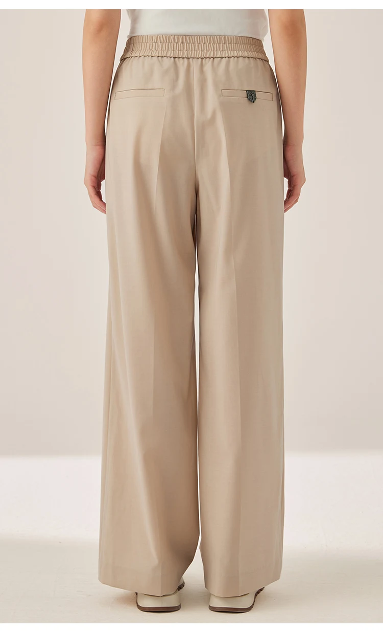 KX7523423 Damenhose mit weitem Bein aus Wollmischgewebe, lässige Hose mit elastischem Bund und Taschen – Detail 8