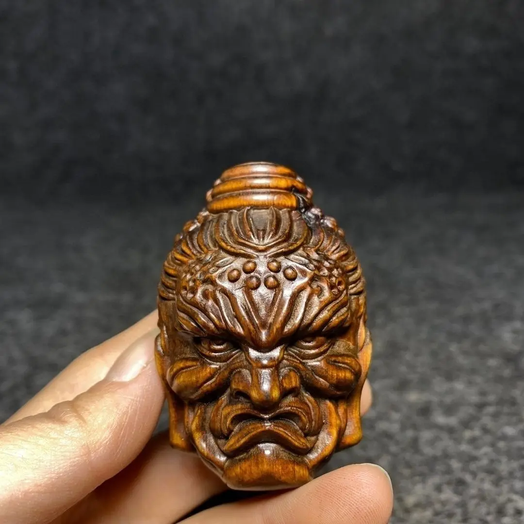 Hand Carved Wood Buddha demon head Statue Figurine Desktop Ornaments Home Decoration Crafts Tea Pet Decor