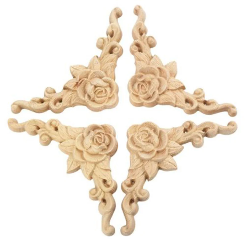 Corner Decal Decorate Frame Wooden Arts Home Décor Crafts Unpainted European Style Carved 4× Rose Floral Useful