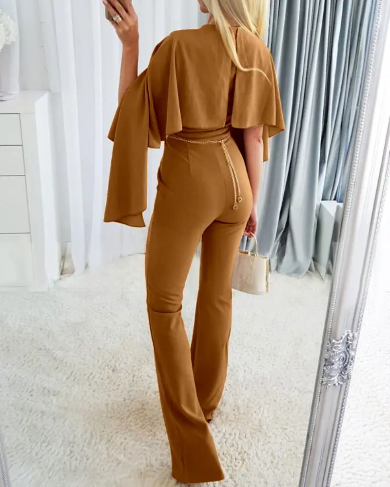 2024 Plunge Irregular Sleeve Sexy Jumpsuit Zipper Long Romper with Belt