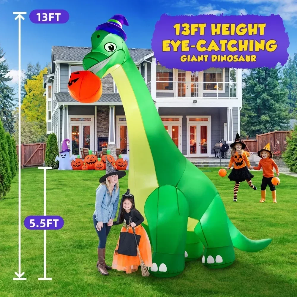 13Ft Giant Halloween Dinosaur Inflatable Decorations, Bite Large Pumpkin with Witch Hat Build-in LED Light Strong Blower Huge