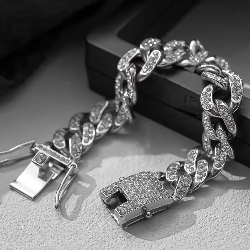 Fashion Alloy Diamond Cuban Chain Bracelet Hip Hop Fashion Jewelry