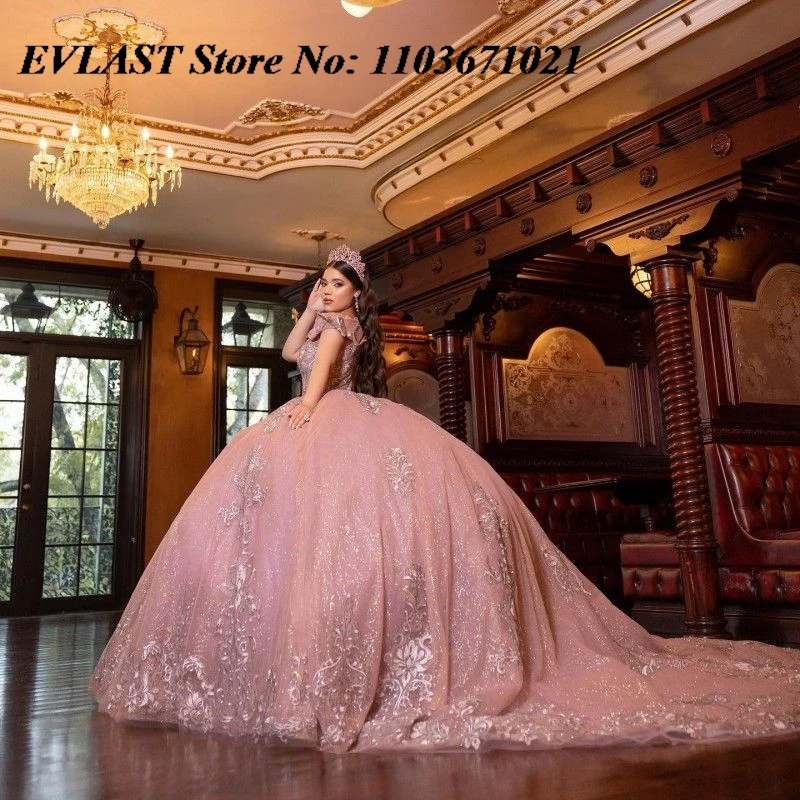 EVLAST gaun dansa merah muda Quinceanera mawar gaun pesta korset Meksiko manik-manik Applique renda perak manis 16 Vestidos De XV 15 Anos SQ11