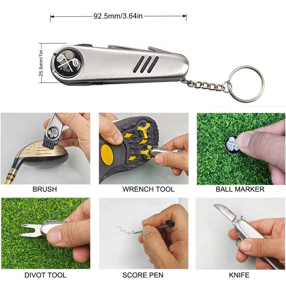 7-in-1 Golf Multi-Tool: Divot Tool, Knife, Ball Marker, Brush | Stainless Steel | Golf Accessory Gift