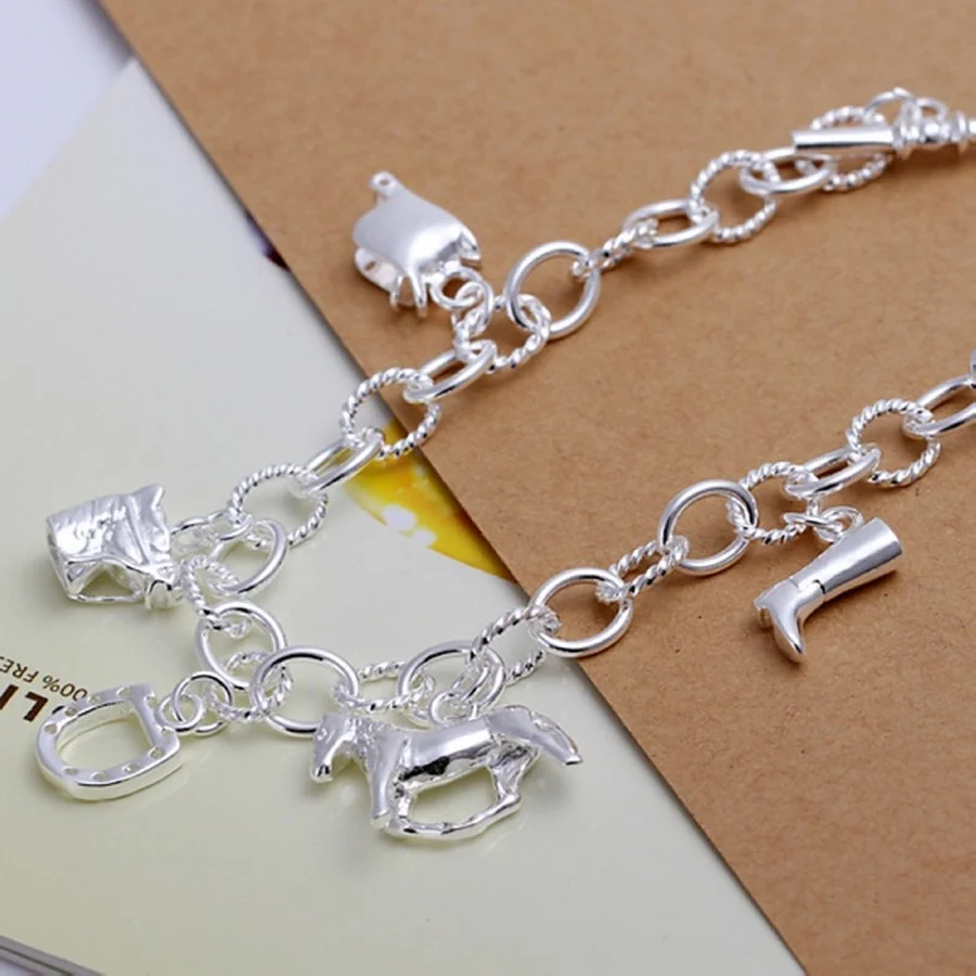 JewelryTop women lady 925 Silver Color Charms horse Jewelry fashion  high quality valentine gift beautiful Bracelets cute