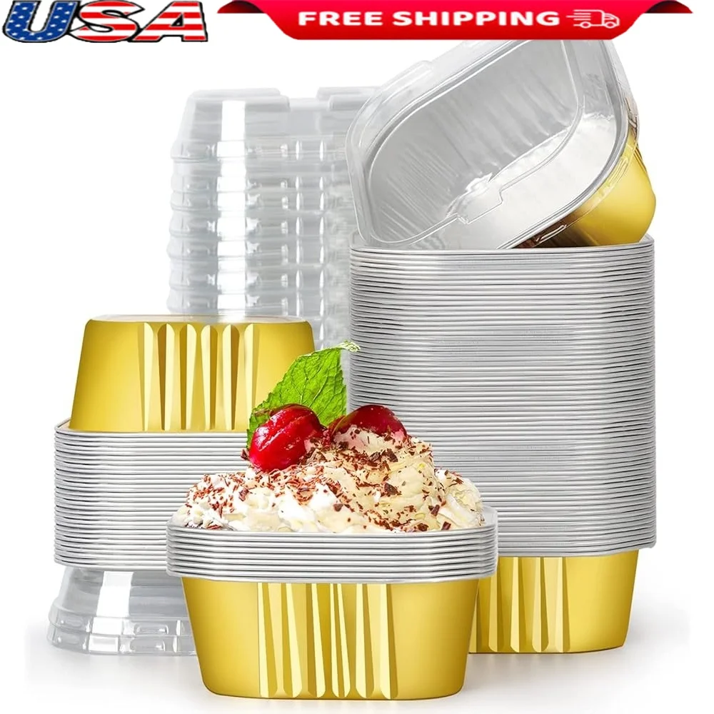 

Disposable Baking Cups with Lids 100pcs Aluminum Foil Oven Safe Ramekins Liners Pie Quiche Soufflé Flan Cakes Catering