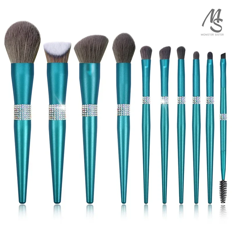 

10Pcs Diamond Makeup Brush Set Eye Shadow Powder Blusher Brushes with Makeup Bag Green Turquoise Resplendent Beauty Tool Set