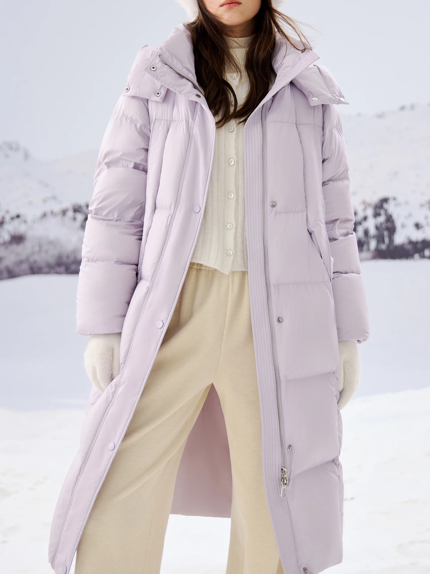 ZIQIAO 209G Filling Amount Women Long Grey Down Jackets Hooded Warm Winter Straight Purple Thicken Down Coat 24ZQ94079