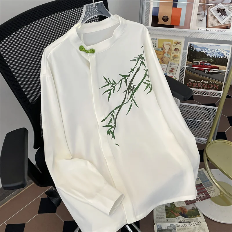 

New Chinese Style National Trend Bamboo Print Ice Silk Tang Suit Shirt Men's Spring Autumn Loose Casual High-End Long Sleeve ...