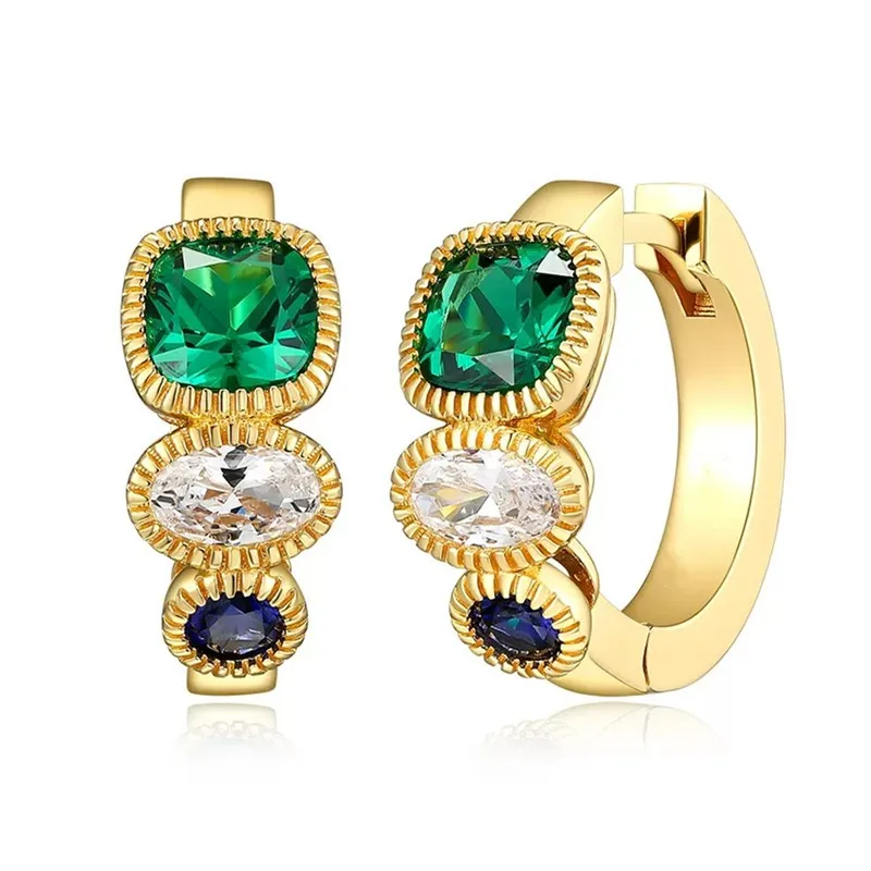 Huitan Gold Color Dainty Hoop Earrings with Green/White/Blue Cubic Zirconia Fashion Women Circle Earrings Luxury Trendy Jewelry