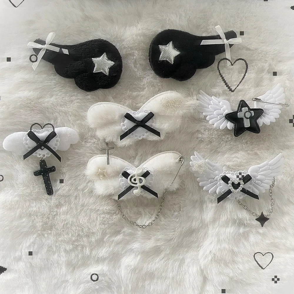 

Harajuku Gothic Punk Trendy Landmine Cross Black White Angel Wing Bow Hair Clip Lolita Spicy Girls Y2k Accessories Women's Pins