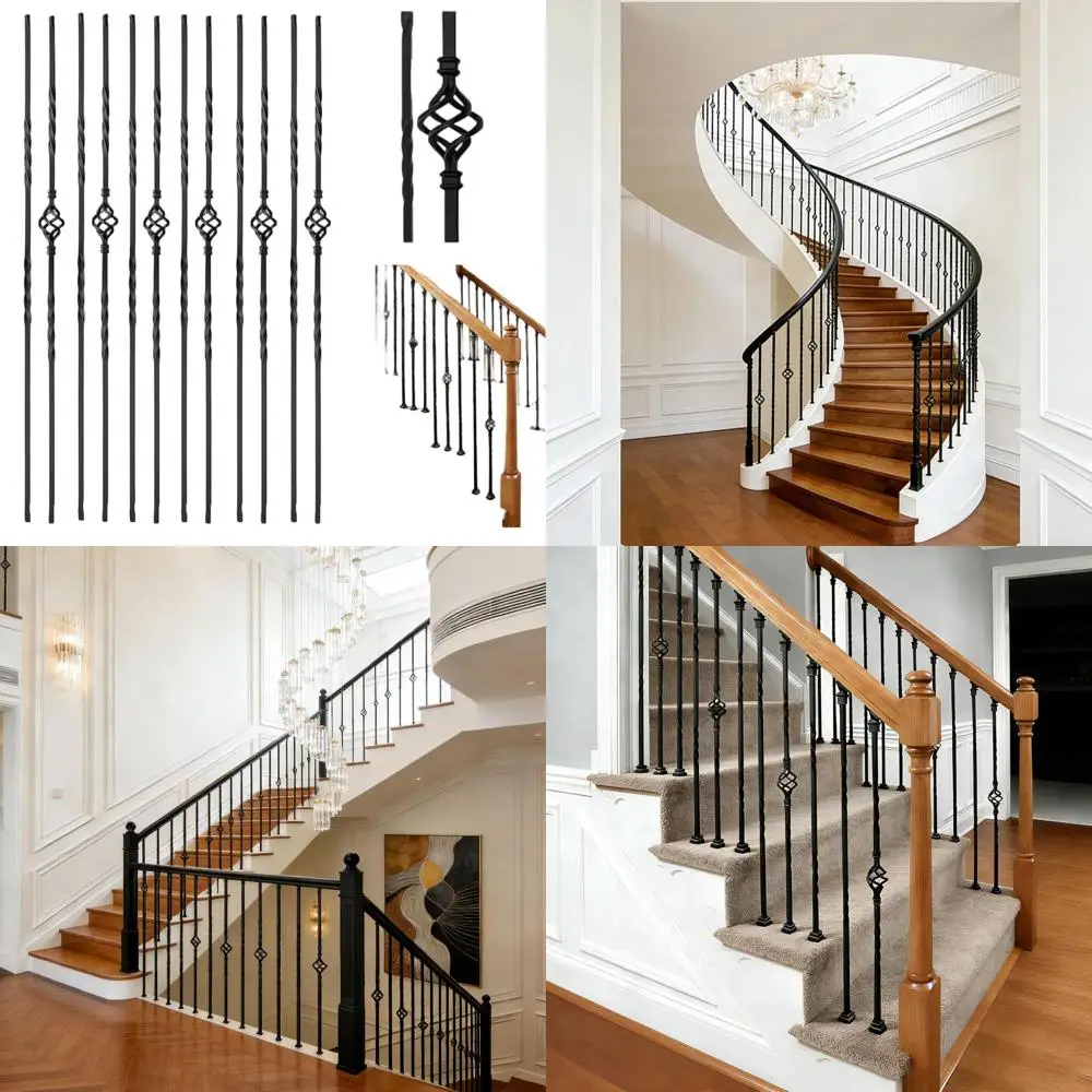 

12 Pack 1/2 Wrought Iron Balusters with Single Basket and Double Metal Spindles for Artistic Indoor Stair Safety