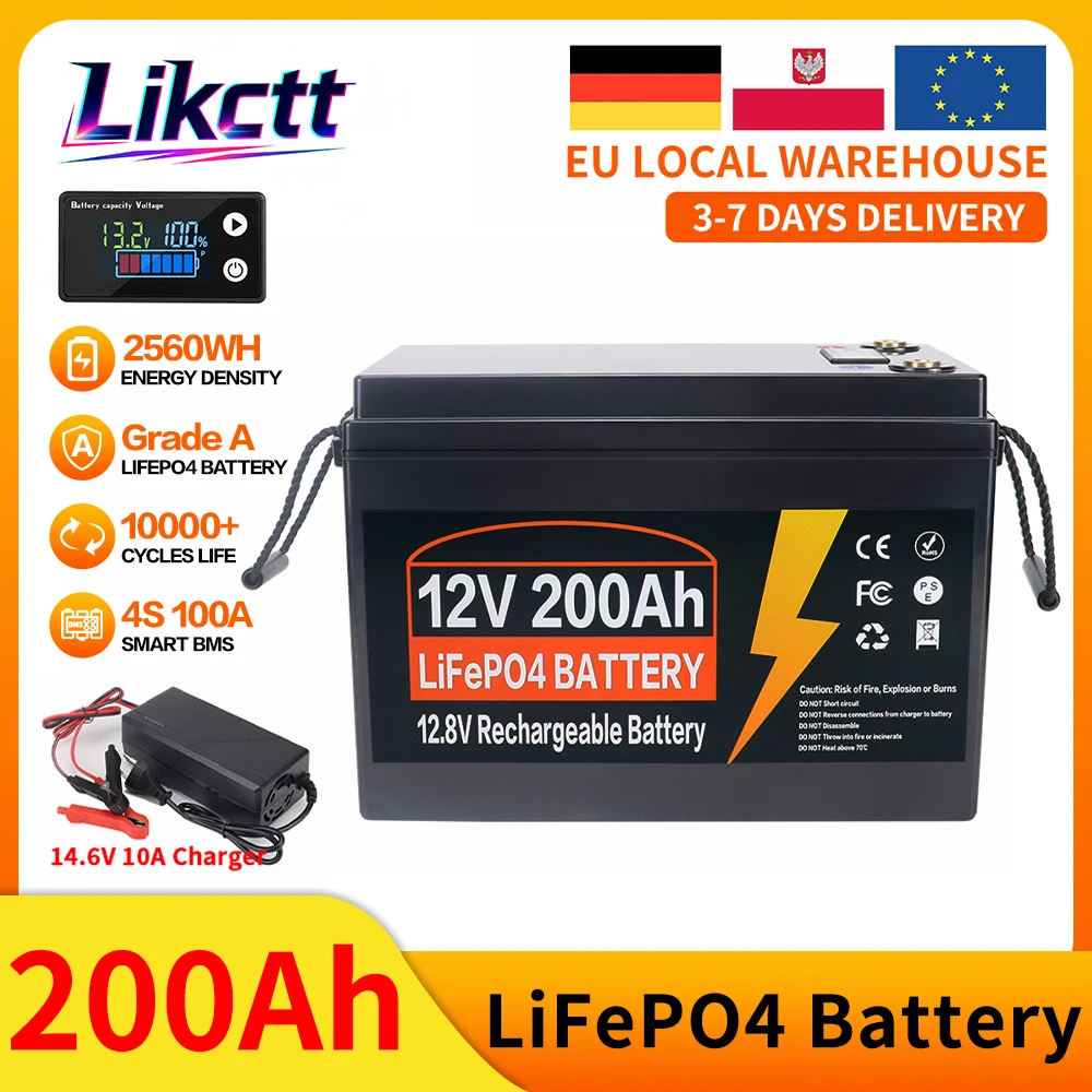Nieuwe 12V 100AH 150AH 200AH 350AH LiFePO4 Lithium IJzerfosfaat Batterij Graad A Ingebouwde BMS 10000 Cycli Voor Camper Thuis Zonnesysteem EU Voorraad Belastingvrij