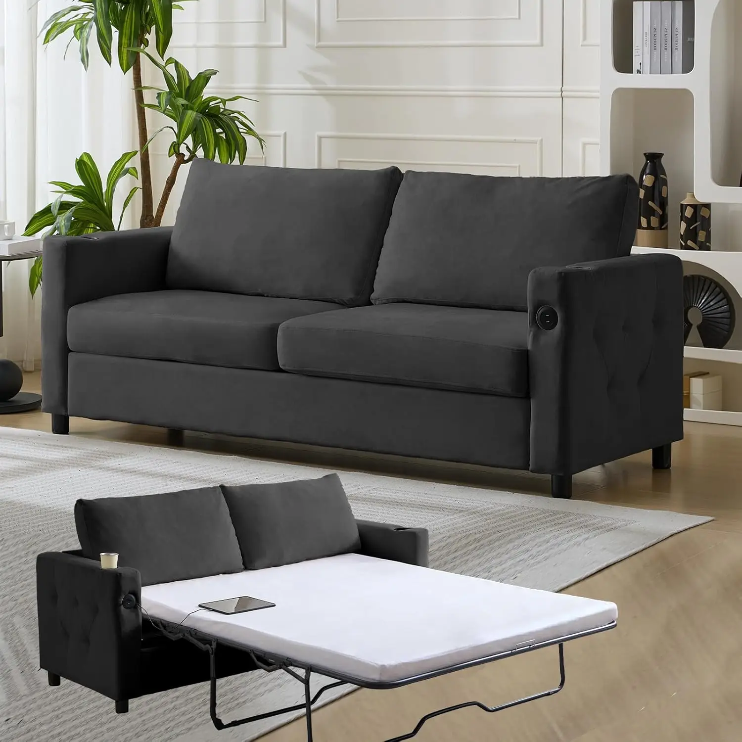 Muzz Pull Out Couch Bed, 2 In 1 Sleeper Sofa Bed With Cup Holder & Usb, Modern Velvet Sofa Bed With Foam Matress For Living