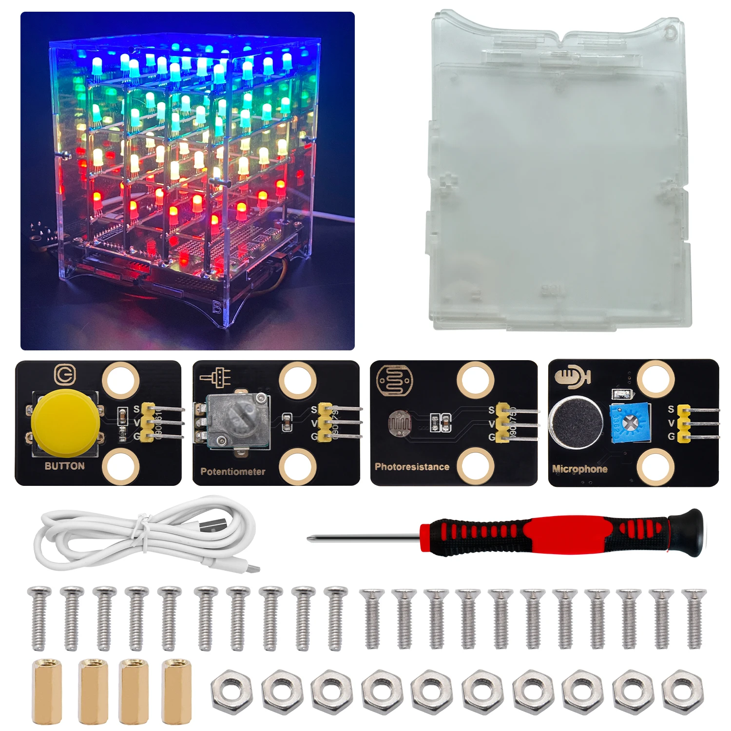 KEYESTUDIO 4x4x4 fai da te RGB LED Cube Kit elettronico per Arduino Leonardo supporto Scratch programmazione potenziometro controllo vocale