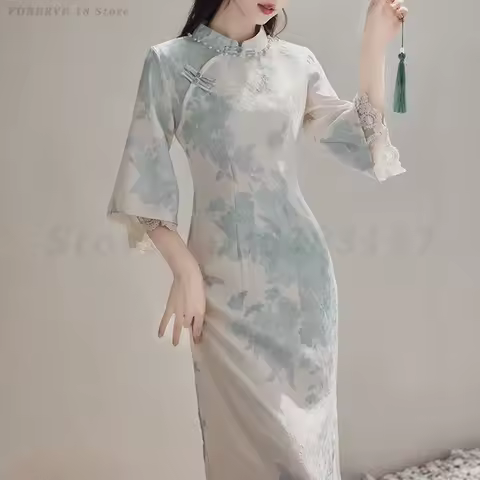 Artistic Style Elegant Cheongsam Fashion Flared Sleeves Improved Qipao Chinese Traditional Mandarin Collar Dress Evening Gown