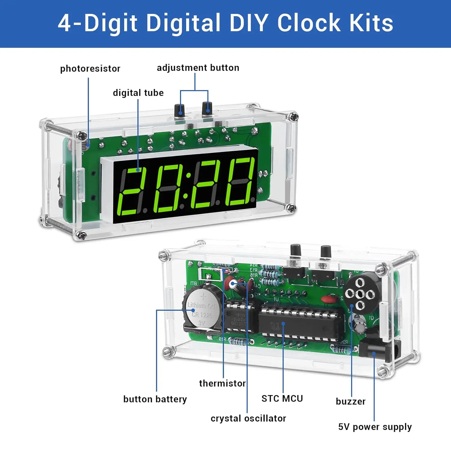 4-Digit DIY Digital Clock Kit with Acrylic Shell, Electronics Alarm Clock Soldering Practice Kit with Adjustable Brightness, DIY