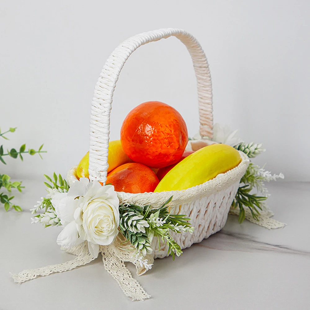 White Rattan Wedding Flower Girl Basket with Silk Peony, Vintage Flower Girl Basket for Wedding Ceremony Anniversary Party Decor image 6