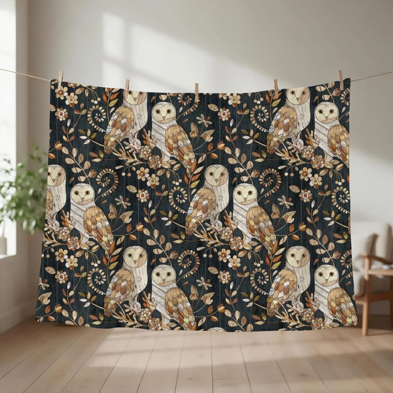 Wooden Wonderland Barn Owl Collage Throw Blanket couch cozy soft plush fuzzy picnic outdoor blanket