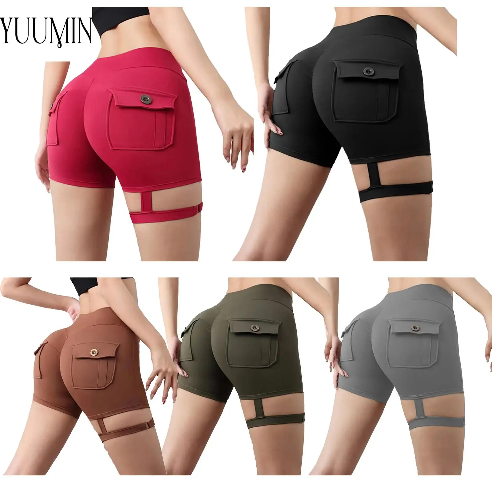 Peach Butt Women's Exercise Pants High Waist Hip-Lifting Stretchy Shorts with Adjustable Leg Ring Cargo Pockets for Sports Yoga
