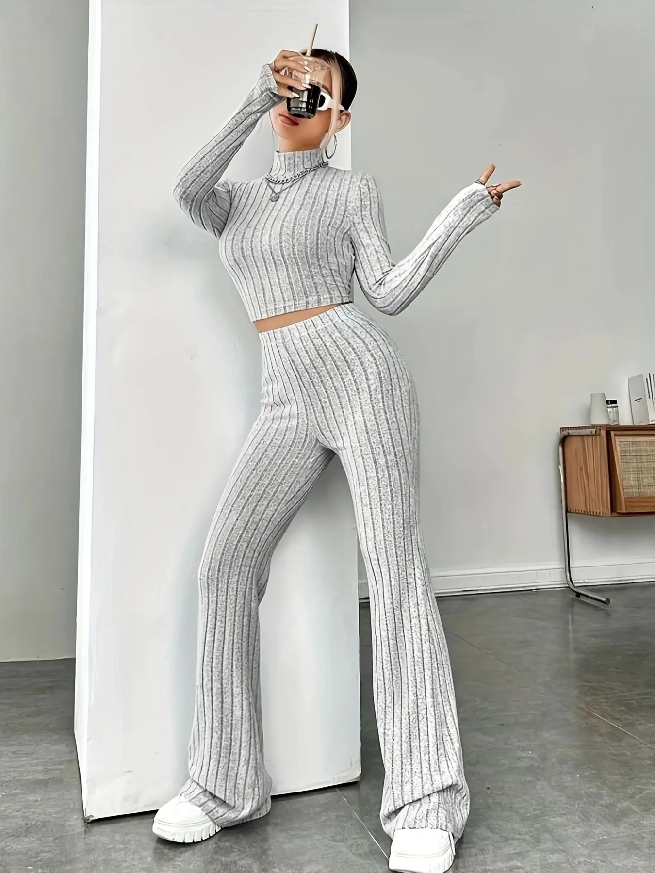Women\'s 2024 Spring New Knitted Set Hooded Sweater Loose Pants Two Piece Set Women Two Piece Sets Clothes Crochet Two Piece Set