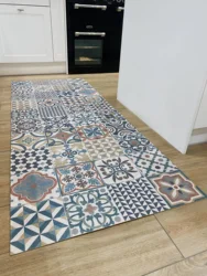 Moroccan Rug Runner in Tile Effect Pattern For Kitchen Hallway and Bathroom FloorsAnti-Slip Carpet Decorative Linoleum Mat