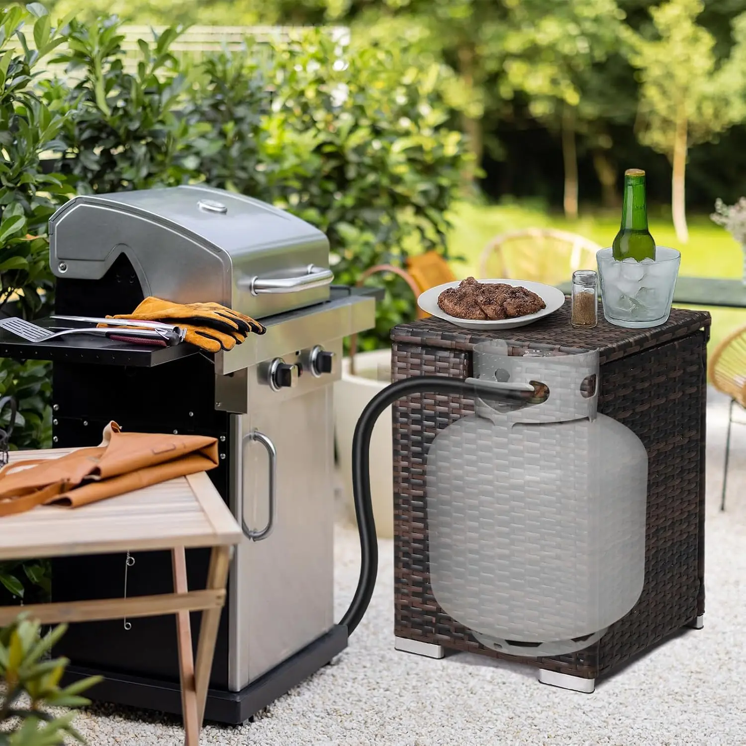 Outdoor Patio Gas Tank Storage, Wicker Material, Brown Color, Ideal for Fire Pit and Grill