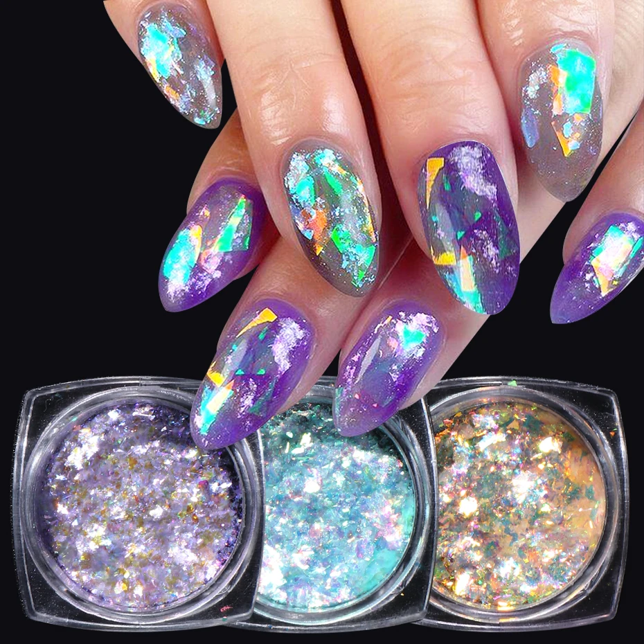 1 box Aurora Nail Glitter Crystal Opal Flakes Design Holo Iridescent Chrome Powder Sequins Manicure Nail Art Accessory NFOB01-12