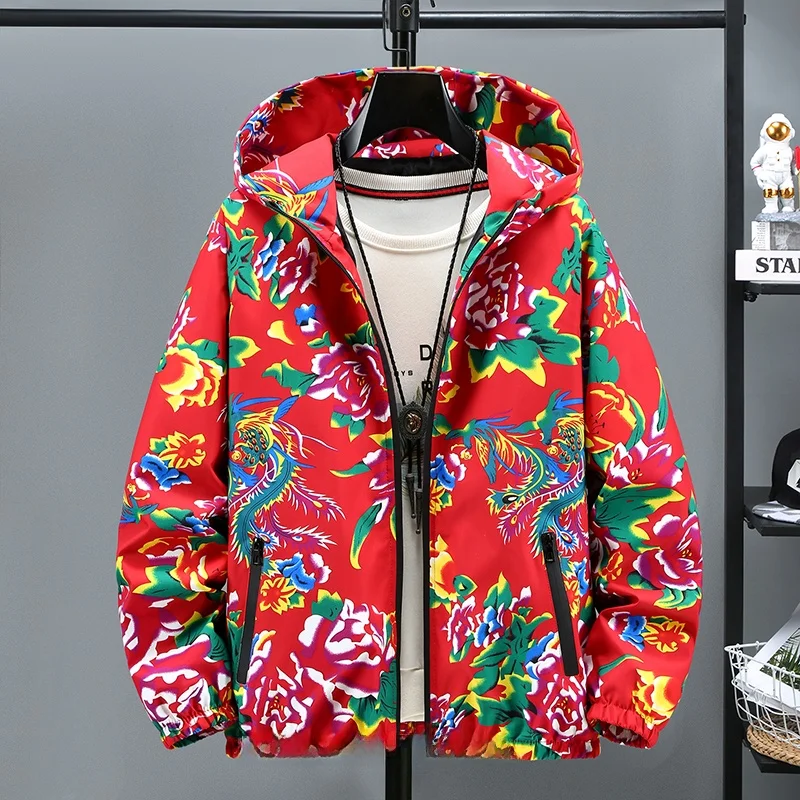

Casual Men's Jaet Spring Autumn Large Flower Faionable Youth Outerwear Anti-Wrinkle Regular Sve Long Zipper Closure