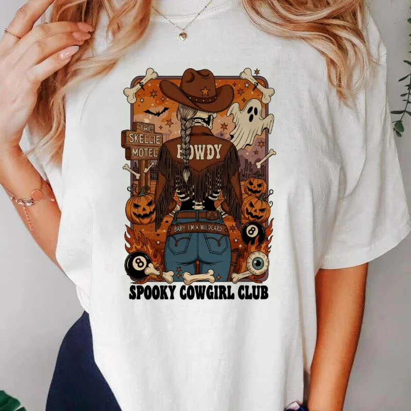 

Ghost Cowboy Skeleton Pumpkin Pattern Printed Fashion T-Shirt Western Style Women's Basic Top Cute 90s Women's Trendy T-Shirt