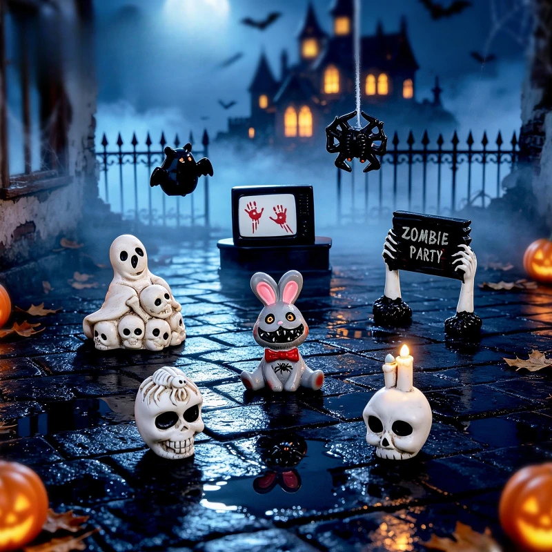 1Pc Halloween Resin Figurines Mummy Skull Bat Ghost Horror Bunny Candle Mini Ornament Micro Landscape DIY Scary Party Decoration